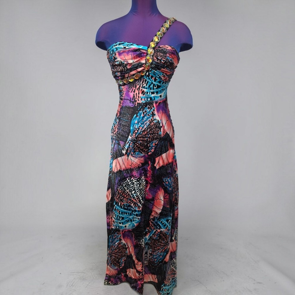 Vintage Deb Butterfly Animal Print One Shoulder Rhinestone Maxi Dress 3/4